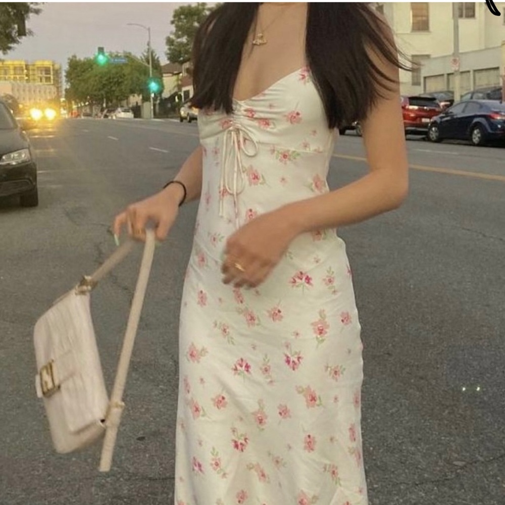 Zara Satin Floral Pink Midi Dress xs